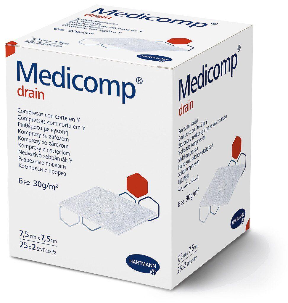 7609630758_servetki-sterilni-z Серветки стерильні з розрізом Medicomp® drain 7,5см х 7,5см (2х25 шт.) з нетканого матеріалу - Зображення 1