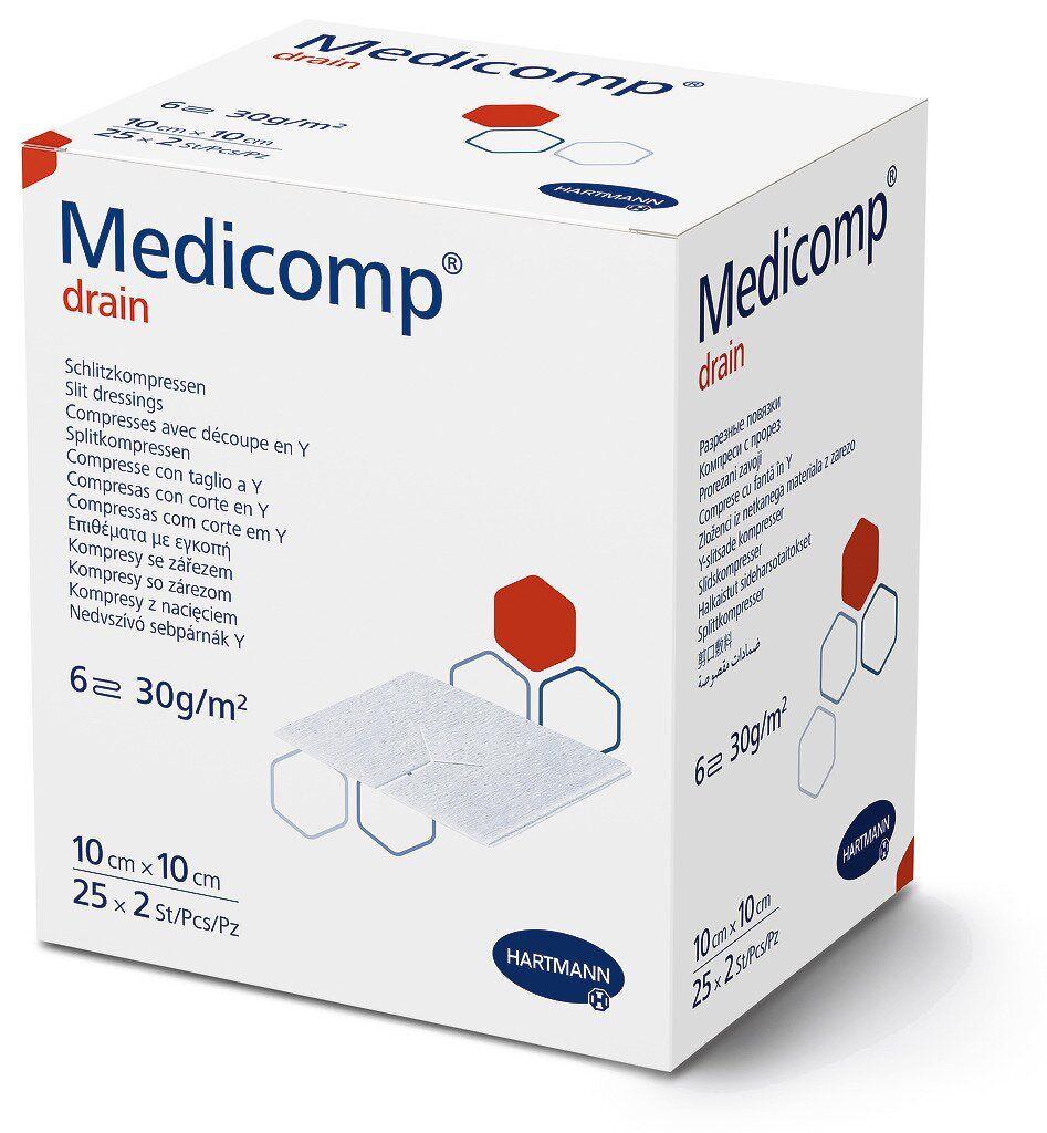 7609630764_servetki-sterilni-z Серветки стерильні з розрізом Medicomp®drain 10см х 10см (2х25 шт.) з нетканого матеріалу - Зображення 1